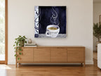 Midnight Espresso Swirl kitchen canvas print on the wall of a living room above a sideboard