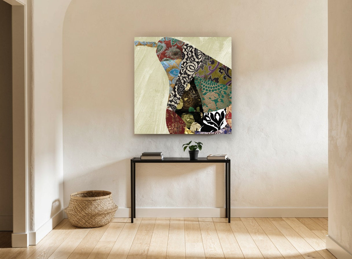 Brocade Pear Patchwork kitchen canvas print on the wall of a hallway