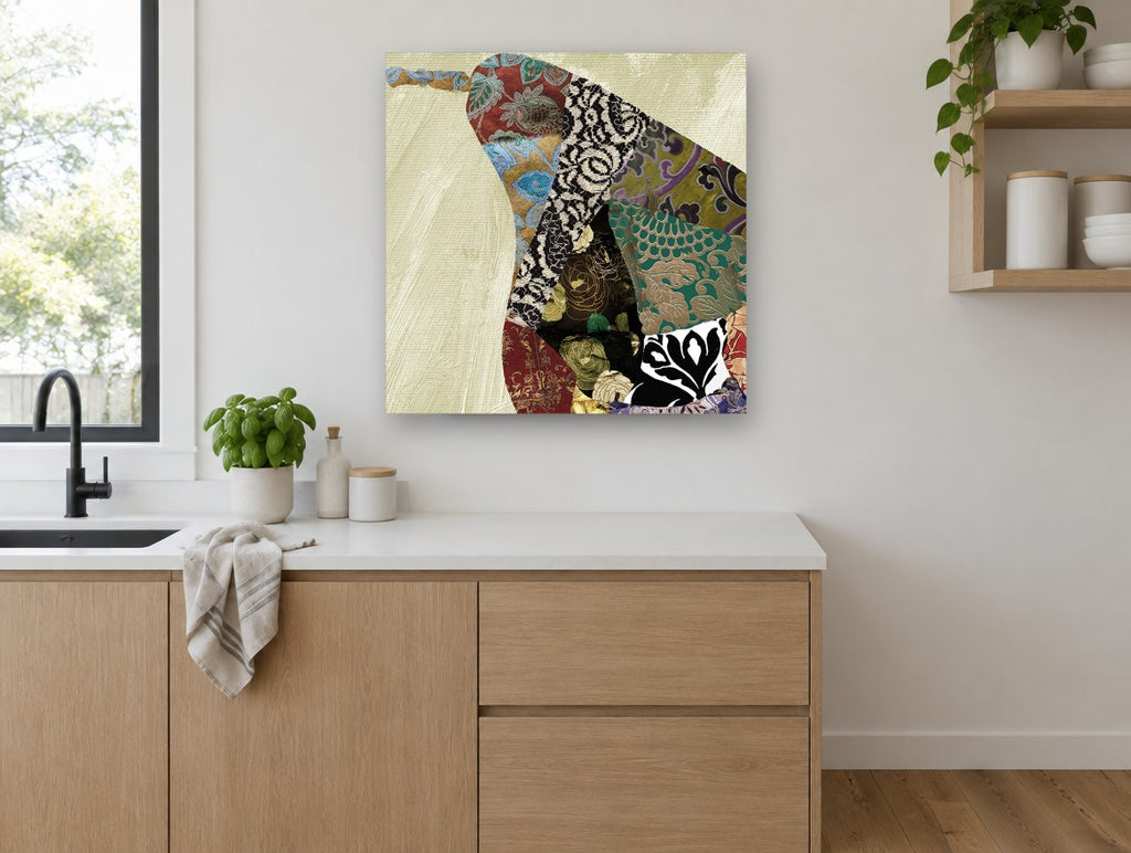 Brocade Pear Patchwork kitchen canvas print on the wall of a kitchen