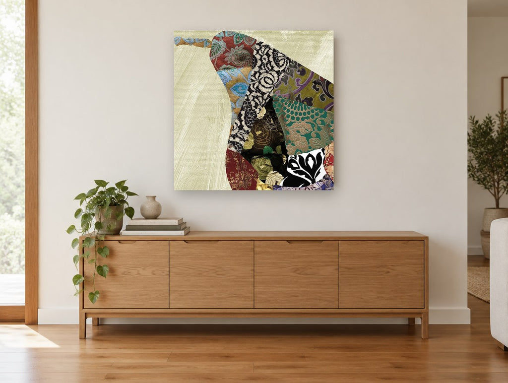 Brocade Pear Patchwork kitchen canvas print on the wall of a living room above a sideboard