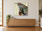 Brocade Pear Patchwork kitchen canvas print on the wall of a living room above a sideboard