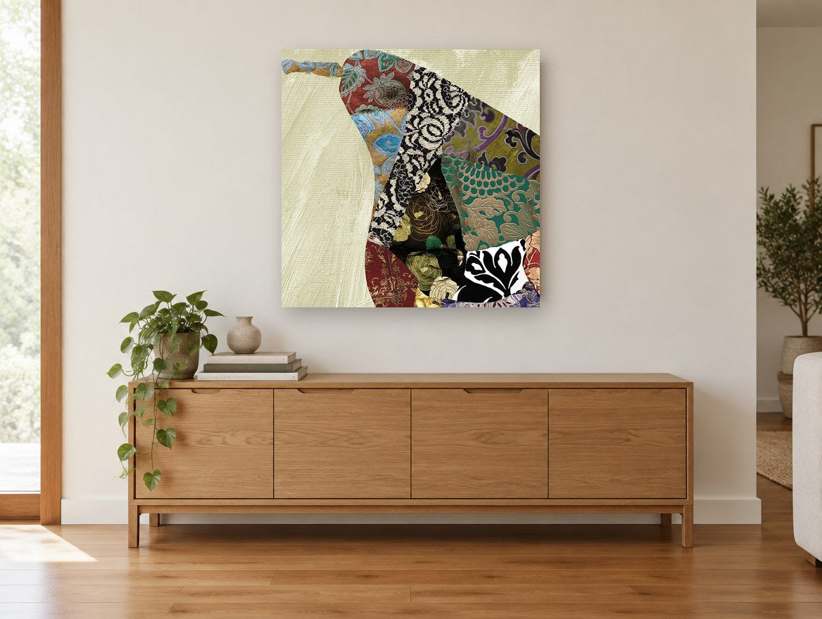Brocade Pear Patchwork kitchen canvas print on the wall of a living room above a sideboard