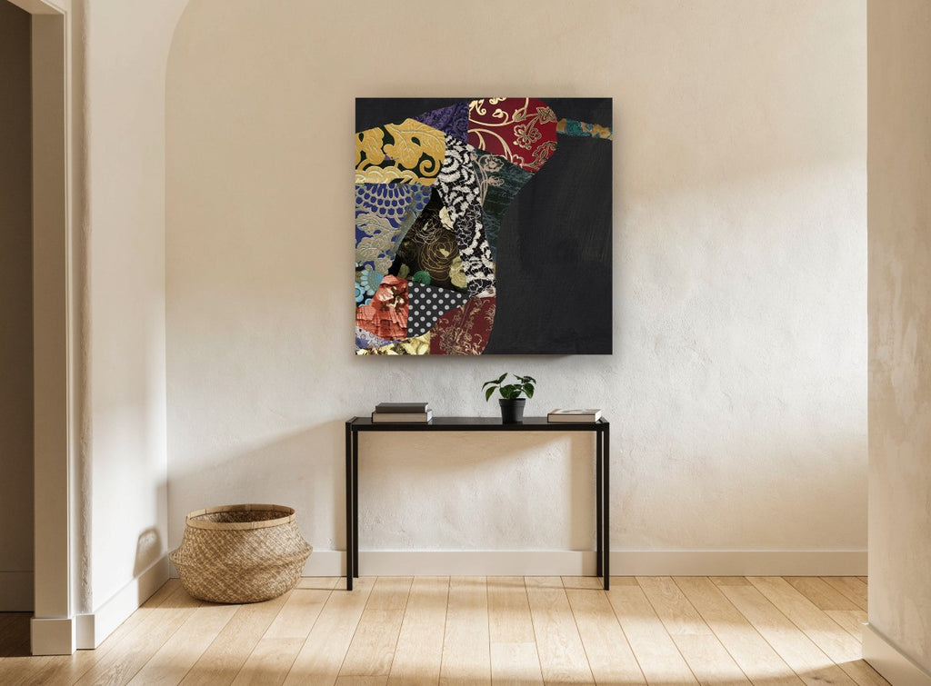 Brocade Pear Patchwork kitchen canvas print on the wall of a hallway