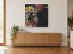 Brocade Pear Patchwork kitchen canvas print on the wall of a living room above a sideboard