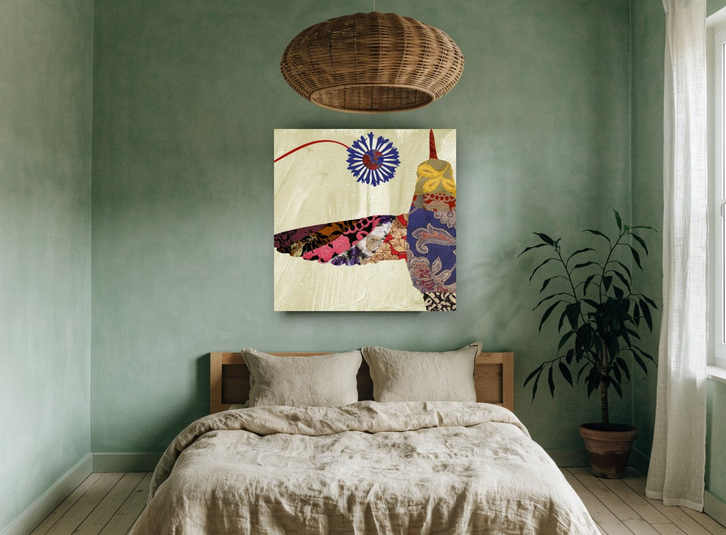 Patchwork Hummingbird floral canvas print on the wall of a bedroom
