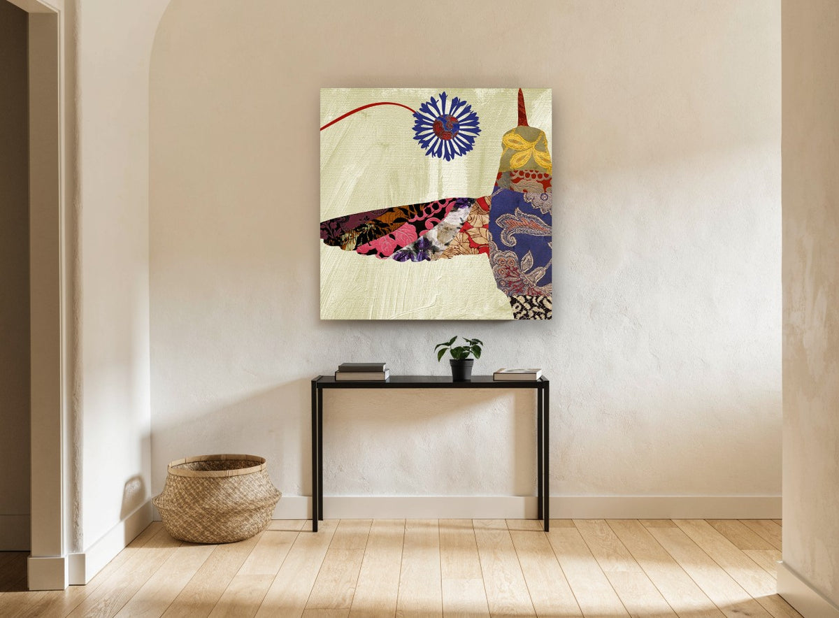 Patchwork Hummingbird floral canvas print on the wall of a hallway
