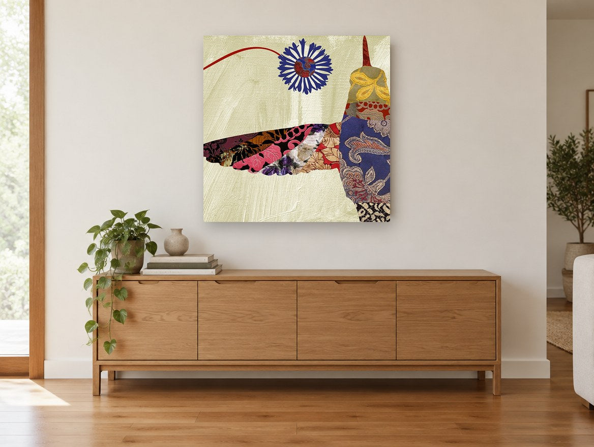 Patchwork Hummingbird floral canvas print on the wall of a living room above a sideboard