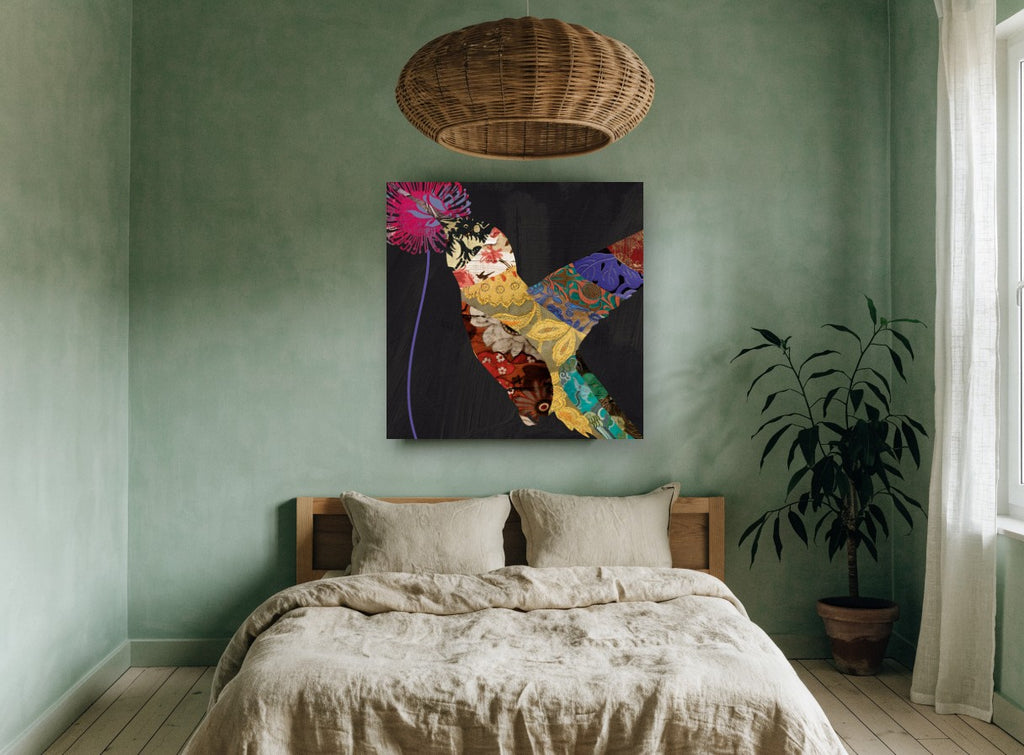 Patchwork Hummingbird floral canvas print on the wall of a bedroom