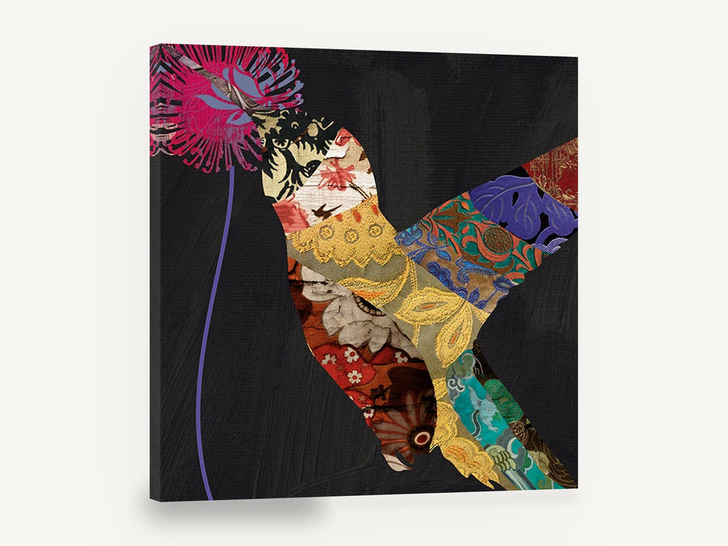 Patchwork Hummingbird, patchwork hummingbird brocade collage, floral canvas wall art print ready to hang