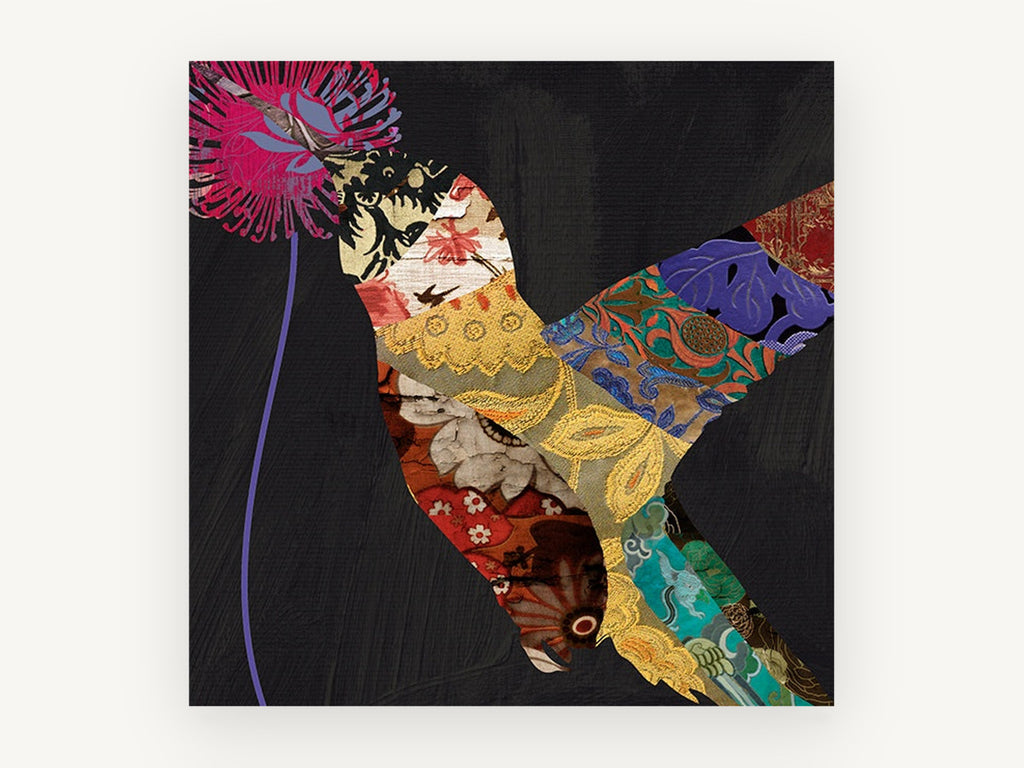 Patchwork Hummingbird, floral canvas wall art print, front view