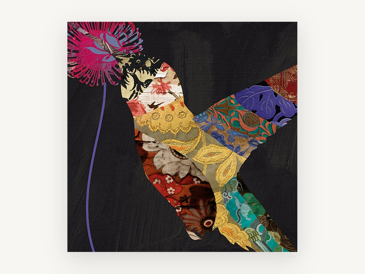 Patchwork Hummingbird, floral canvas wall art print, front view