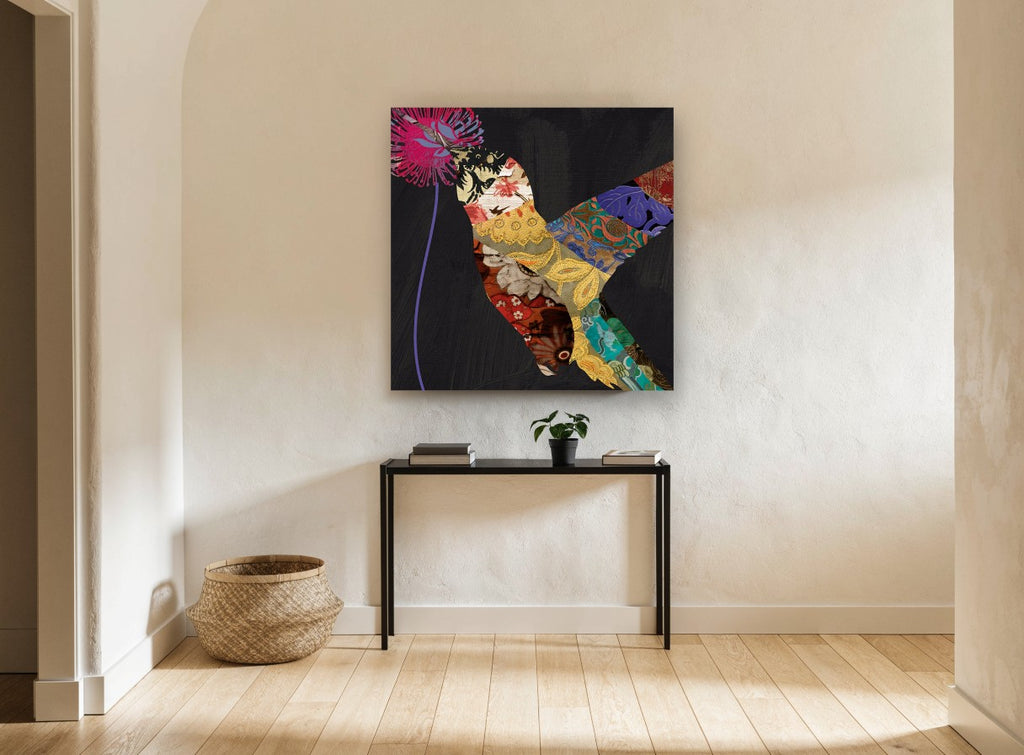 Patchwork Hummingbird floral canvas print on the wall of a hallway