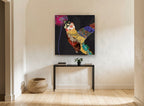 Patchwork Hummingbird floral canvas print on the wall of a hallway