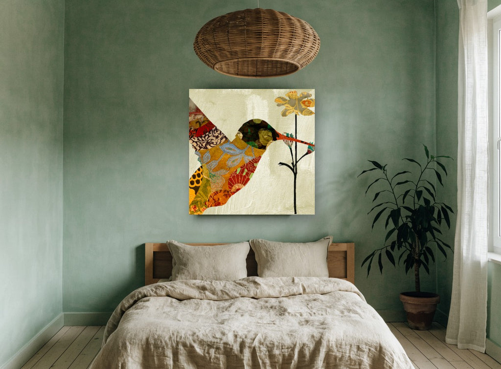 Patchwork Hummingbird Bloom floral canvas print on the wall of a bedroom