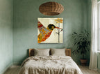 Patchwork Hummingbird Bloom floral canvas print on the wall of a bedroom