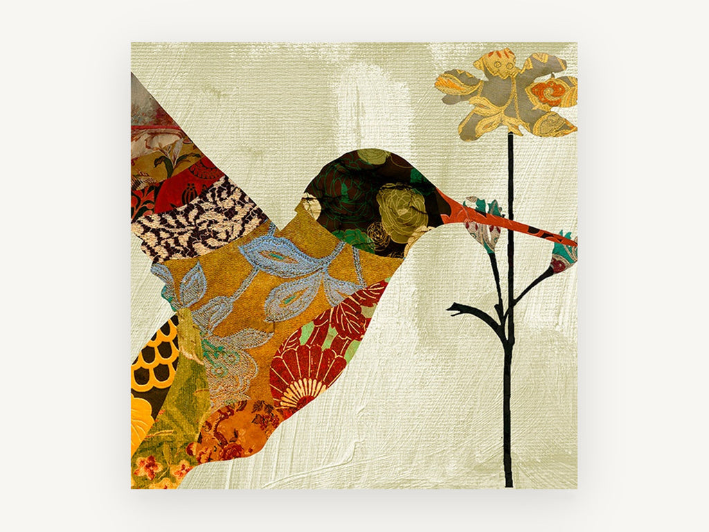 Patchwork Hummingbird Bloom, floral canvas wall art print, front view