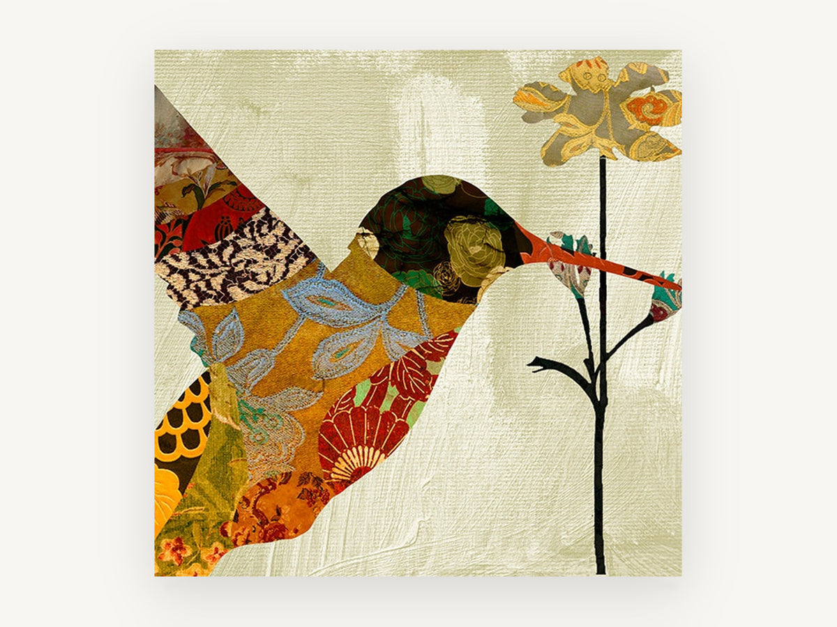 Patchwork Hummingbird Bloom, floral canvas wall art print, front view
