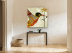 Patchwork Hummingbird Bloom floral canvas print on the wall of a hallway