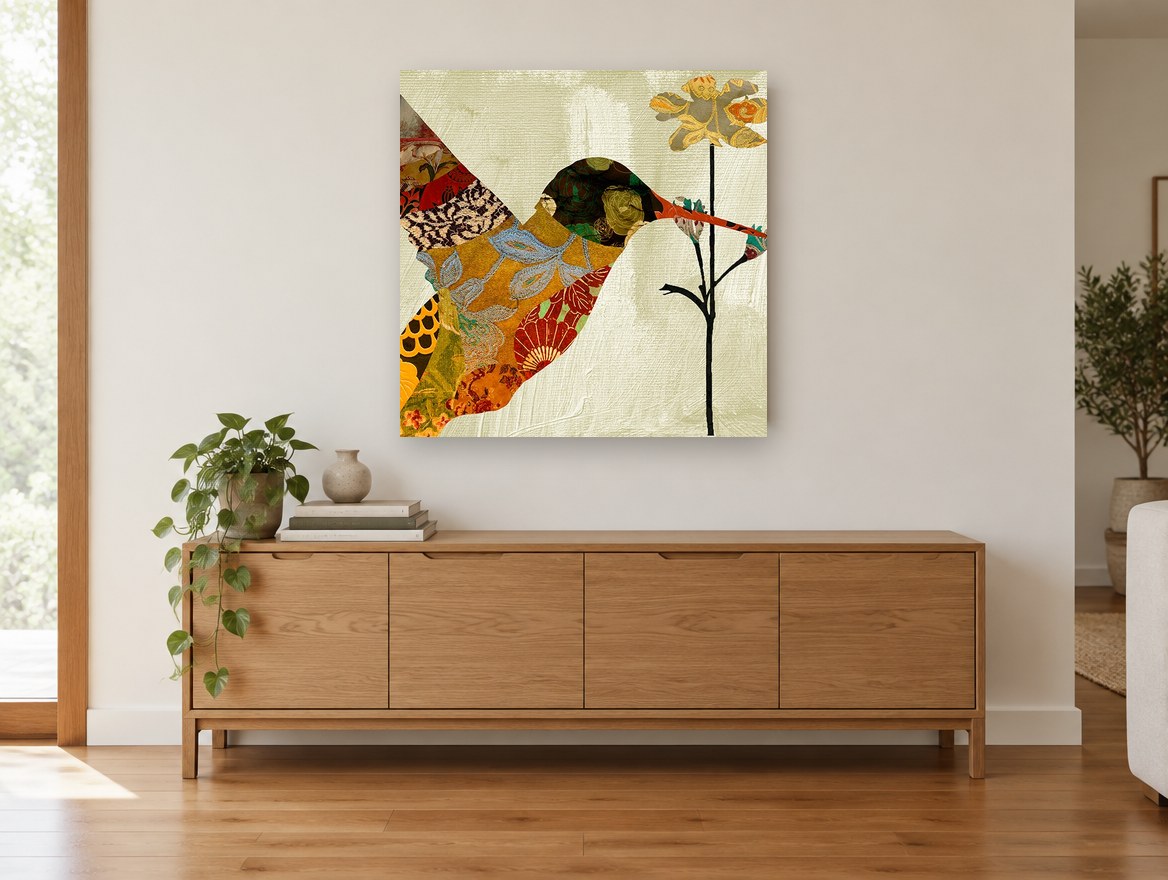 Patchwork Hummingbird Bloom floral canvas print on the wall of a living room above a sideboard