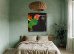 Patchwork Hummingbird at Bloom floral canvas print on the wall of a bedroom