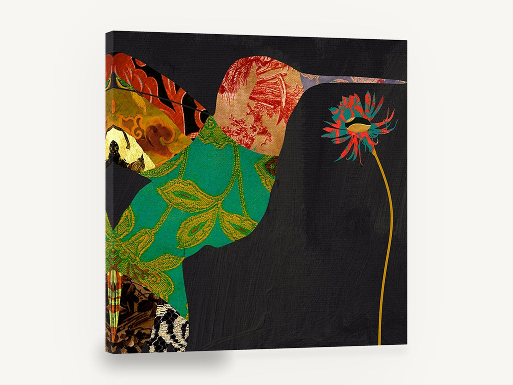 Patchwork Hummingbird at Bloom, patchwork hummingbird and flower collage, floral canvas wall art print ready to hang
