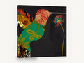 Patchwork Hummingbird at Bloom, patchwork hummingbird and flower collage, floral canvas wall art print ready to hang