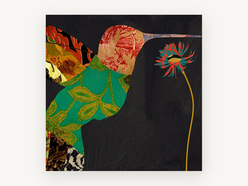 Patchwork Hummingbird at Bloom, floral canvas wall art print, front view