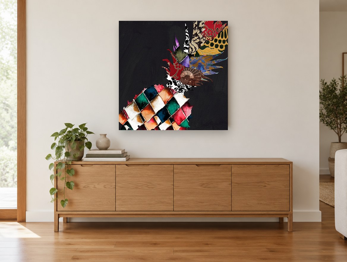 Patchwork Pineapple Noir kitchen canvas print on the wall of a living room above a sideboard