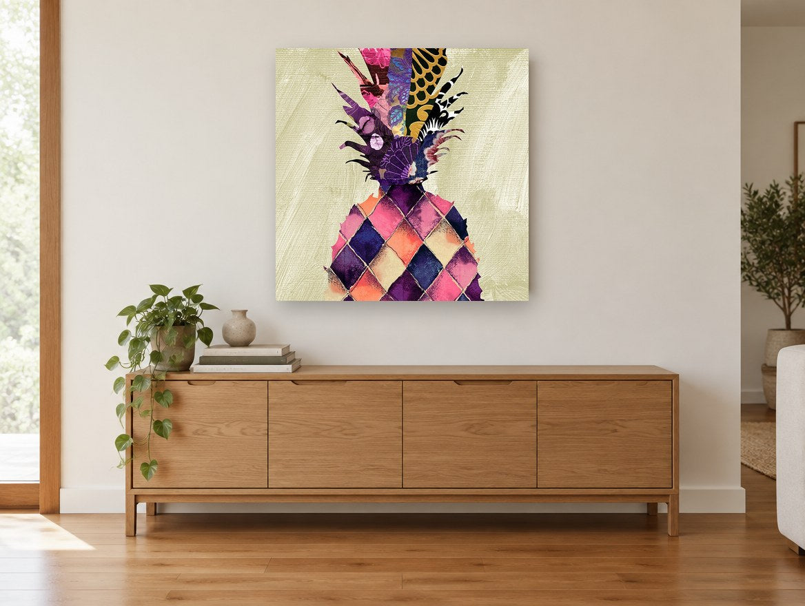 Patchwork Pineapple Crown kitchen canvas print on the wall of a living room above a sideboard