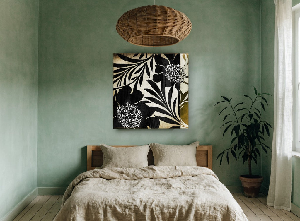 Midnight Leaf Silhouettes floral canvas print on the wall of a bedroom