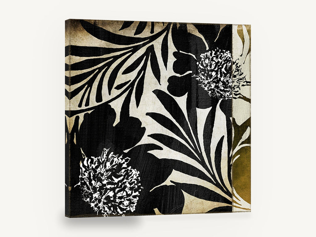 Midnight Leaf Silhouettes, black and cream floral leaf pattern, floral canvas wall art print ready to hang