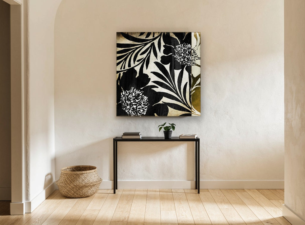 Midnight Leaf Silhouettes floral canvas print on the wall of a hallway