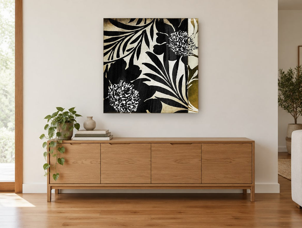 Midnight Leaf Silhouettes floral canvas print on the wall of a living room above a sideboard