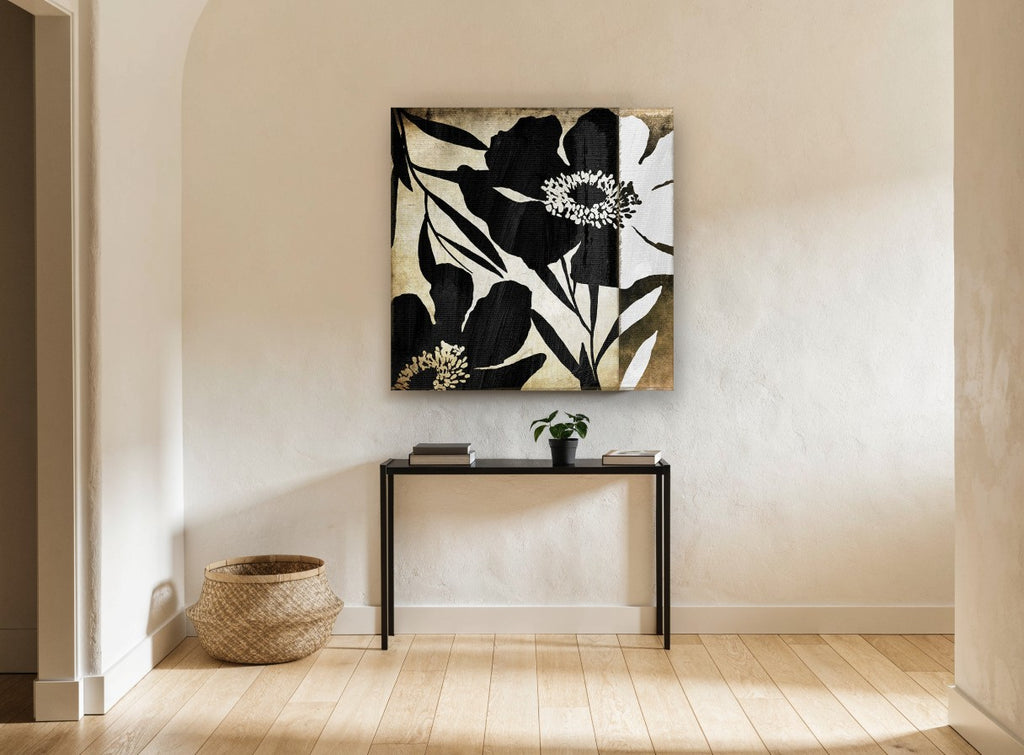 Black Poppy Silhouettes floral canvas print on the wall of a hallway