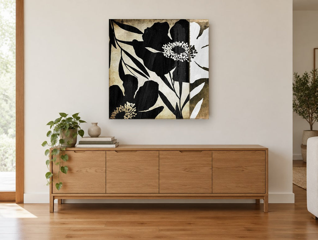 Black Poppy Silhouettes floral canvas print on the wall of a living room above a sideboard