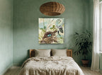 Robin's Nest Collage floral canvas print on the wall of a bedroom