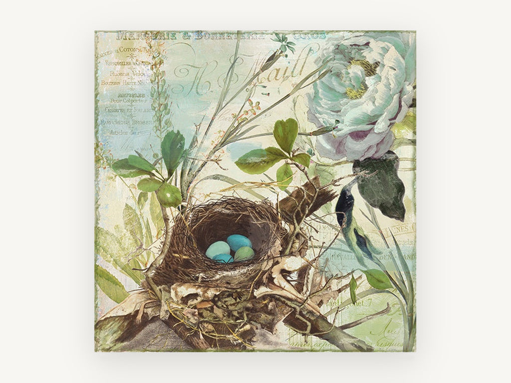 Robin's Nest Collage, floral canvas wall art print, front view