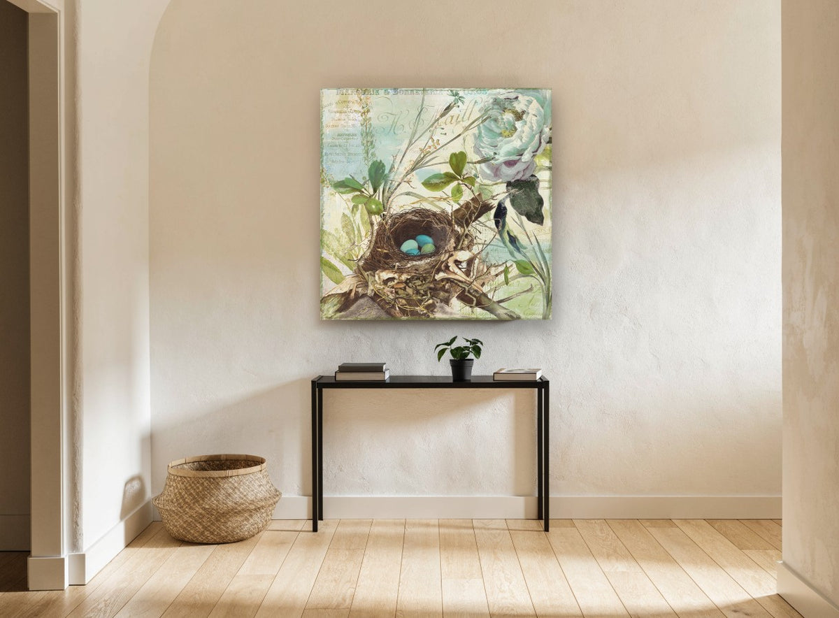 Robin's Nest Collage floral canvas print on the wall of a hallway