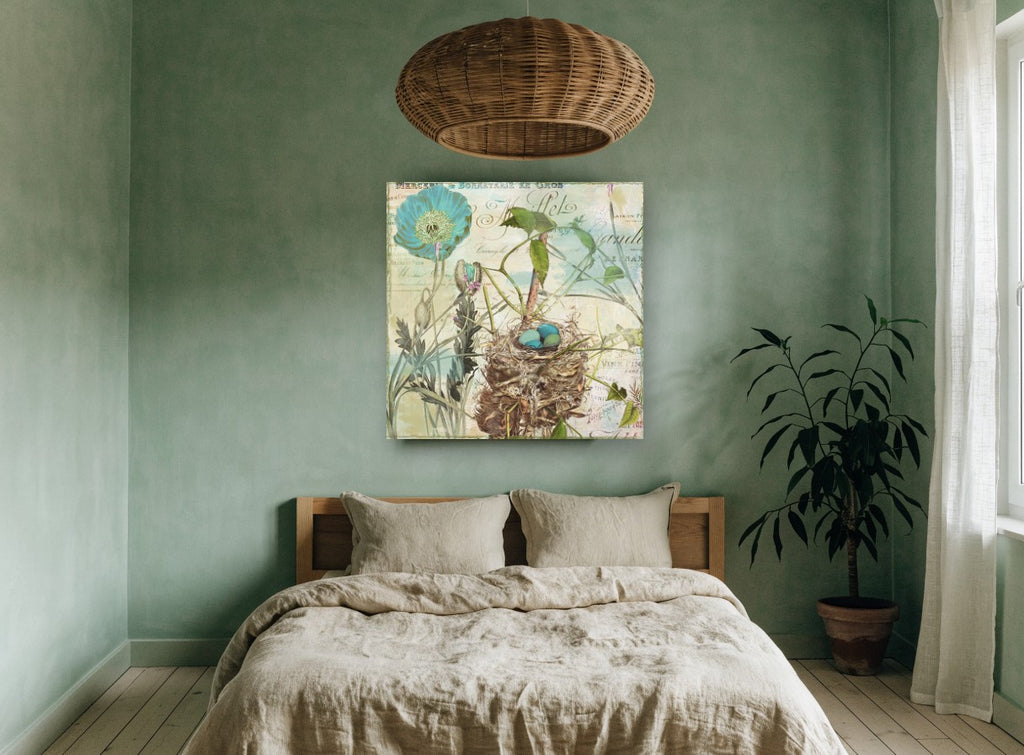 Poppy and Nest Collage floral canvas print on the wall of a bedroom