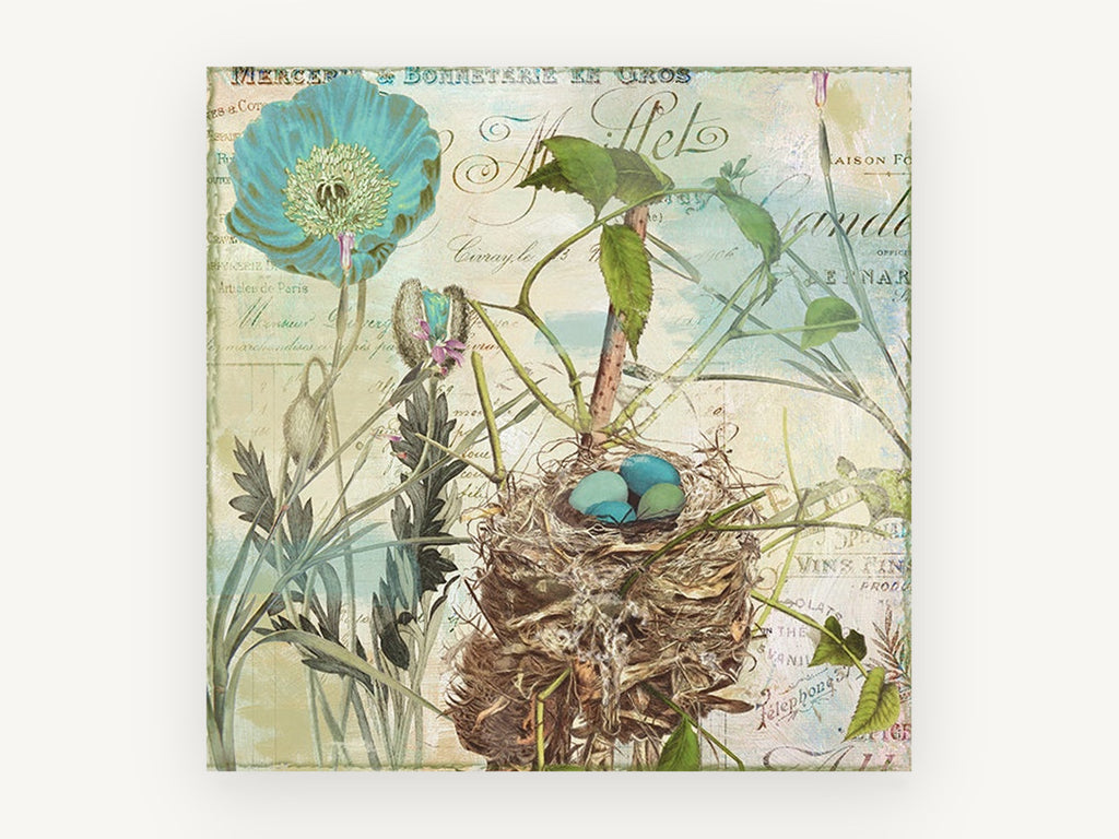 Poppy and Nest Collage, floral canvas wall art print, front view