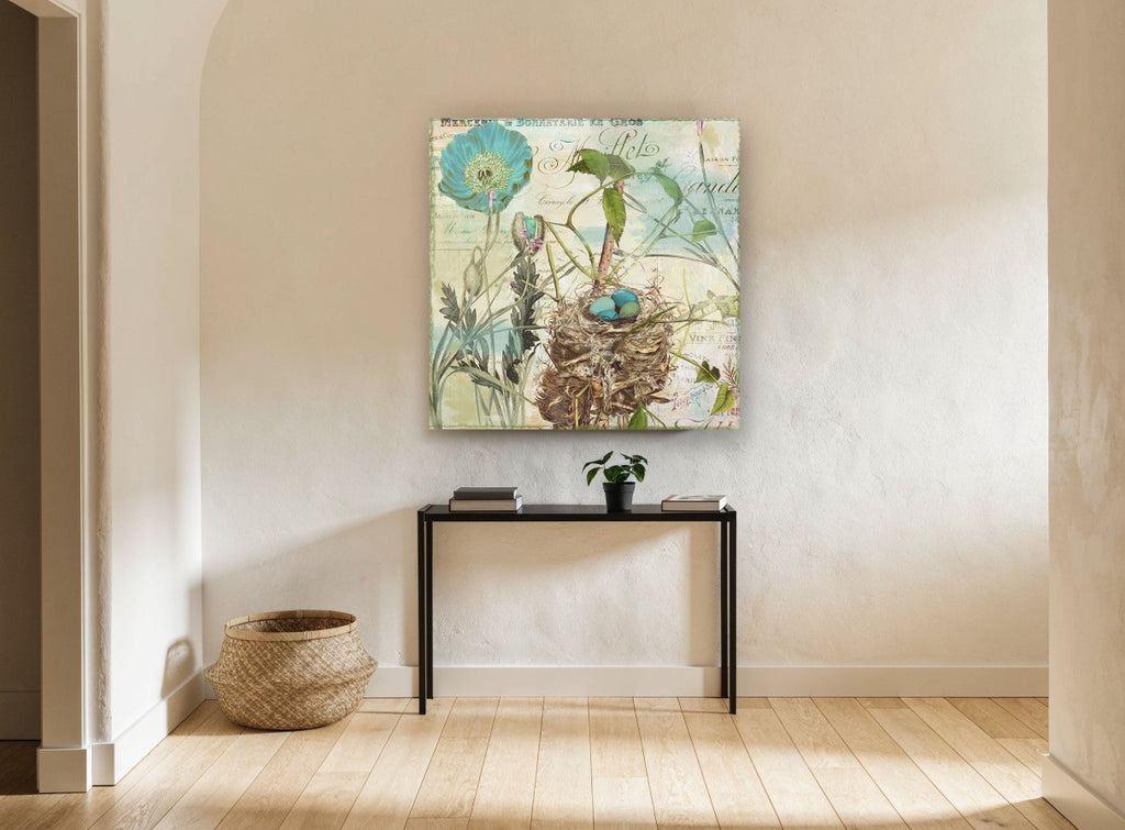 Poppy and Nest Collage floral canvas print on the wall of a hallway