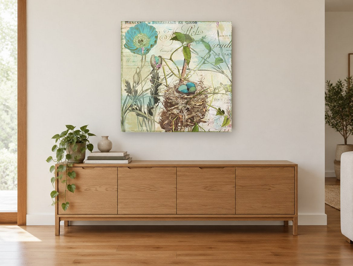 Poppy and Nest Collage floral canvas print on the wall of a living room above a sideboard
