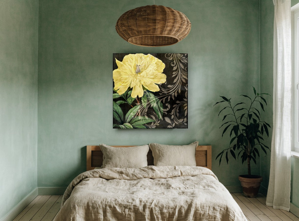 Yellow Peony Noir floral canvas print on the wall of a bedroom