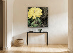 Yellow Peony Noir floral canvas print on the wall of a hallway