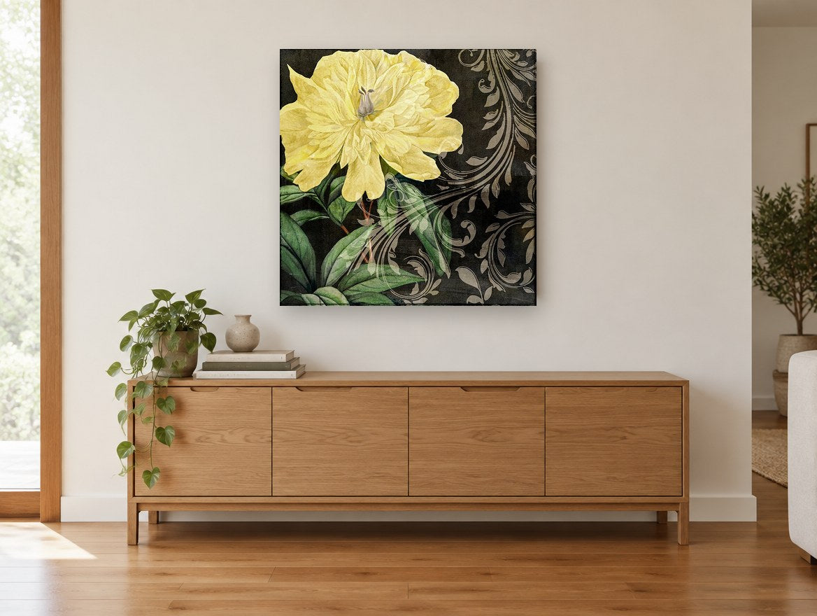 Yellow Peony Noir floral canvas print on the wall of a living room above a sideboard