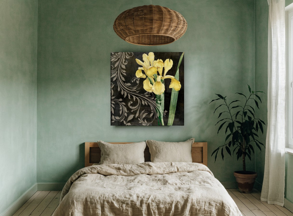 Yellow Iris Scrollwork floral canvas print on the wall of a bedroom