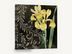 Yellow Iris Scrollwork, yellow iris botanical on black, floral canvas wall art print ready to hang