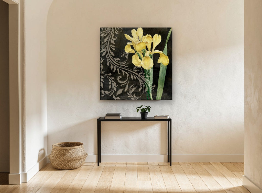 Yellow Iris Scrollwork floral canvas print on the wall of a hallway