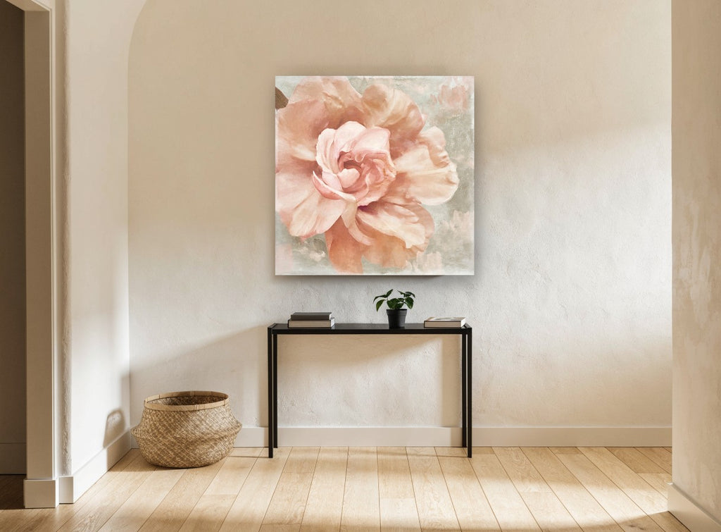 Blush Rose Bloom floral canvas print on the wall of a hallway