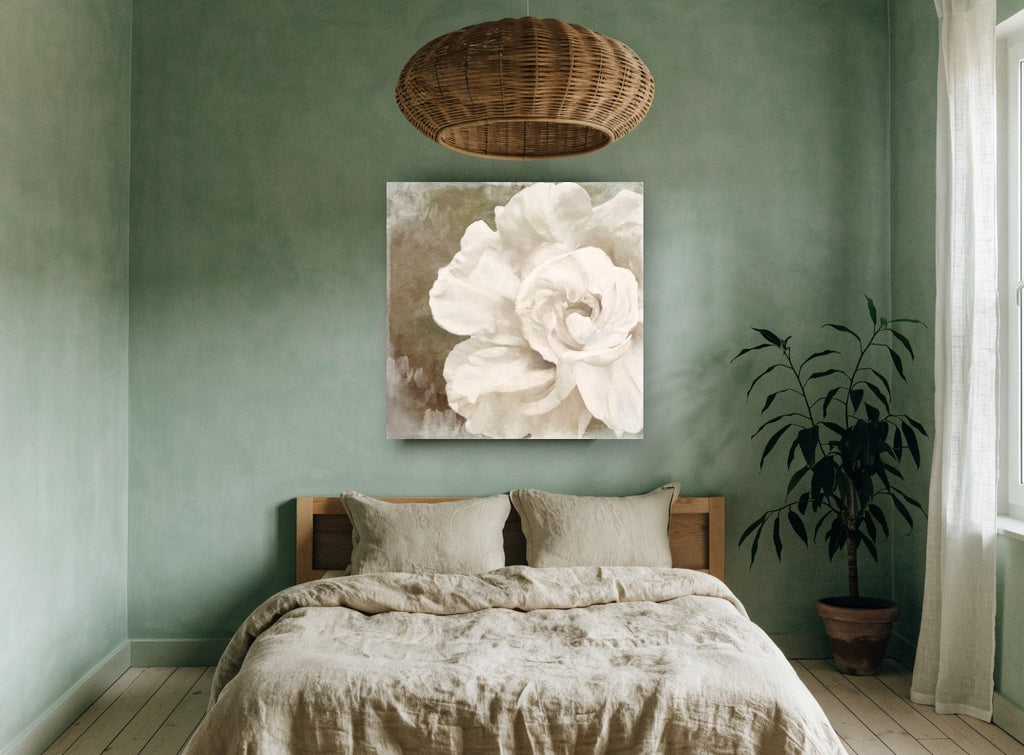 Ivory Bloom Impasto floral canvas print on the wall of a bedroom
